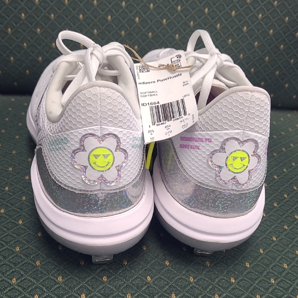 Ladies Softball Cleats Silver Sparkle Colorful Flower Fun Adizero PureHustle